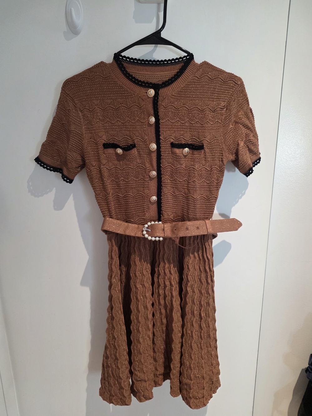 Self-Portrait Style | Rust Textured Short-Sleeve Belted Mini Dress - Picture 4 of 7